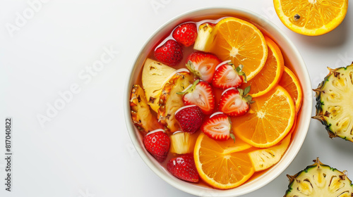 A bowl of fruit with strawberries, oranges, and pineapple