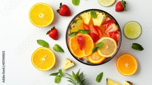 A bowl of fruit with oranges  strawberries  and pineapple