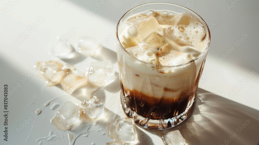 A glass of iced coffee with ice cubes in it A glass of iced coffee with ice cubes in it