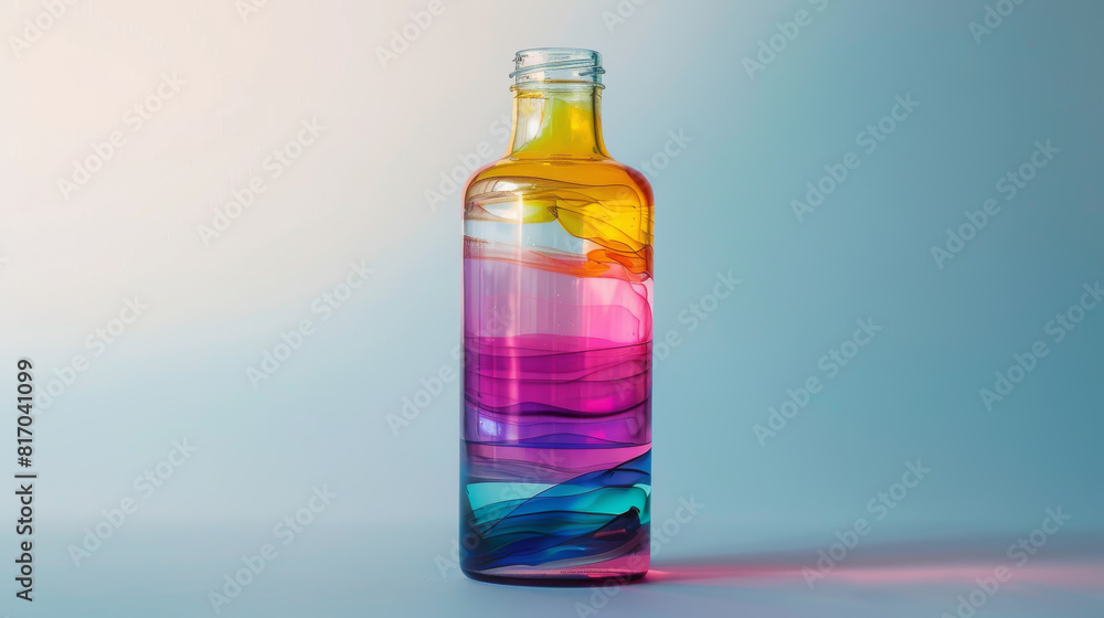 A bottle with a rainbow colored stripe is sitting on a table A bottle with a rainbow colored stripe is sitting on a table