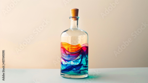 A bottle with a cork stopper and colorful swirls on the side photo