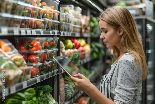 Young Woman Using Tablet to Shop in Grocery Store Aisle