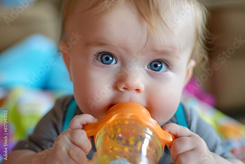 A baby is drinking milk from a bottle  holding it with tiny hands and sucking contentedly