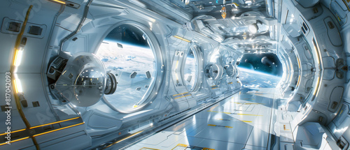 Fototapeta Naklejka Na Ścianę i Meble -  A space shuttle is in a tunnel with a view of the Earth and the Moon