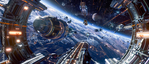 Fototapeta Naklejka Na Ścianę i Meble -  A space station is shown with a view of the planet below