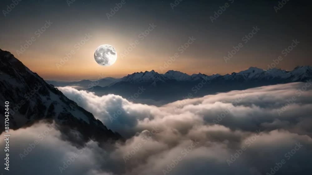 Beautiful Moon in the Sky. Flying Behind the mountain peaks with the Night Moon Shining Seamlessly. Circular 3d Animation with Moonlight Over the Horizon. 4k UltraHD Beautiful Moon in the Sky. Flying Behind the mountain peaks with the Night Moon Shining Seamlessly. Circular 3d Animation with Moonlight Over the Horizon. 4k UltraHD