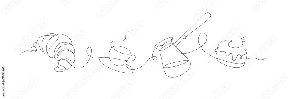 Bakery desserts cake, croissant, coffeepot and coffee cup linear style silhouette drawing on white background
