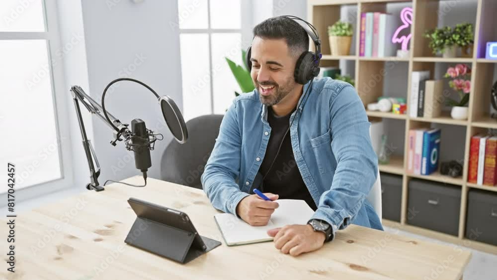 Handsome hispanic man with a beard smiling while podcasting from a modern studio, equipped with tablet and microphone. Handsome hispanic man with a beard smiling while podcasting from a modern studio, equipped with tablet and microphone.