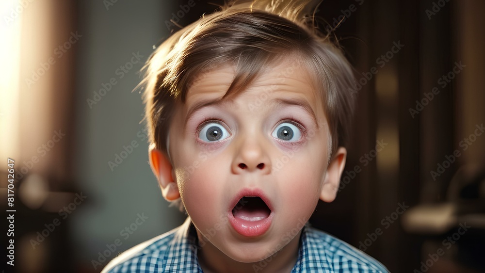 A young boy with a surprised expression on his face. He is wearing a blue shirt and has short hair A young boy with a surprised expression on his face. He is wearing a blue shirt and has short hair