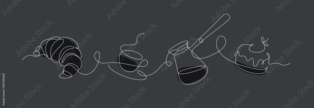 Bakery desserts cake, croissant, coffeepot and coffee cup linear style silhouette drawing on black background