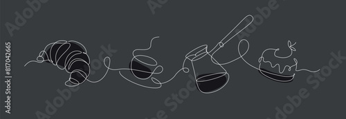 Obraz na płótnie Bakery desserts cake, croissant, coffeepot and coffee cup linear style silhouette drawing on black background w salonie