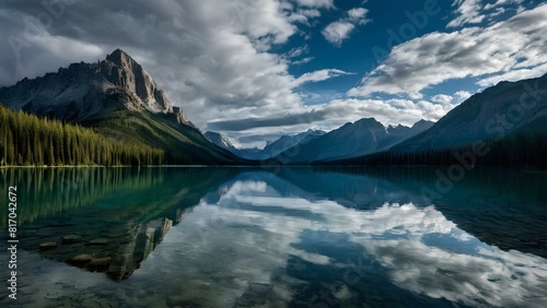 A beautiful lake with mountains in the background. The sky is cloudy, but the water is still and calm