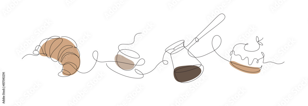 Bakery desserts cake, croissant, coffeepot and coffee cup linear style silhouette drawing with color on white background