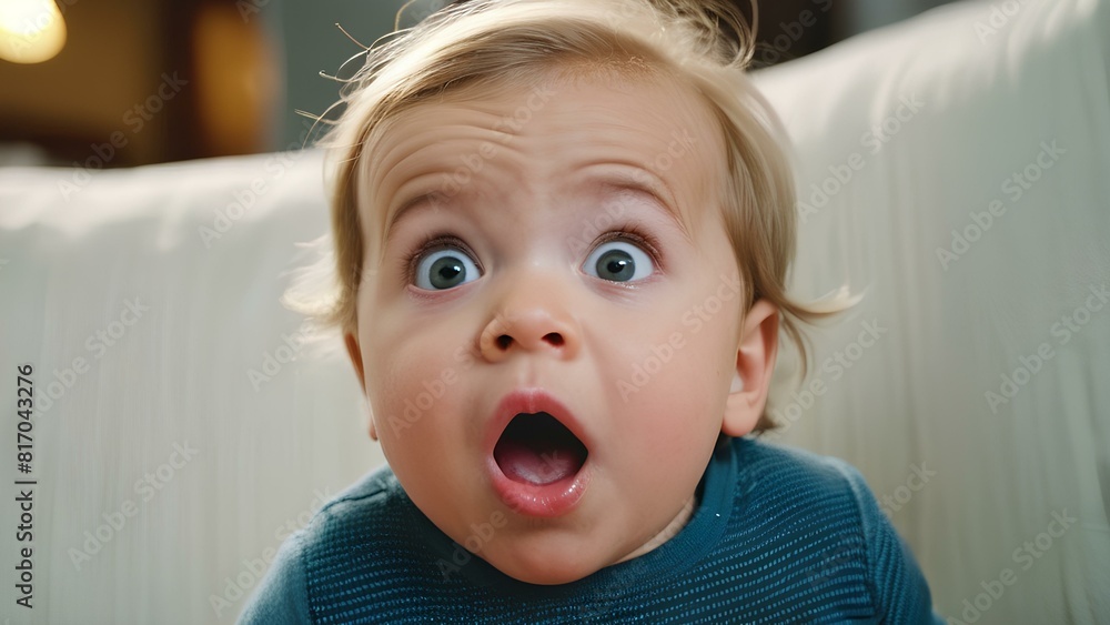 A baby with wide open eyes and a surprised expression. The baby is sitting on a couch. Concept of innocence and curiosity A baby with wide open eyes and a surprised expression. The baby is sitting on a couch. Concept of innocence and curiosity
