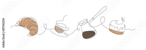Obraz na płótnie Bakery desserts cake, croissant, coffeepot and coffee cup linear style silhouette drawing with color on white background w salonie