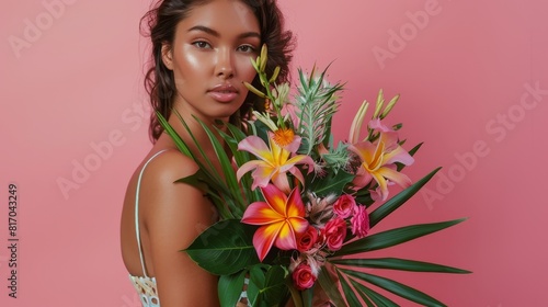 Unseen model holding an exotic floral arrangement  focus on vibrant colors  theme of exotic beauty  realistic  Blend mode  pink backdrop