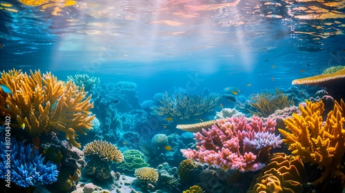 Oceanic landscape. Coral reef floor with the sea roof near to it.