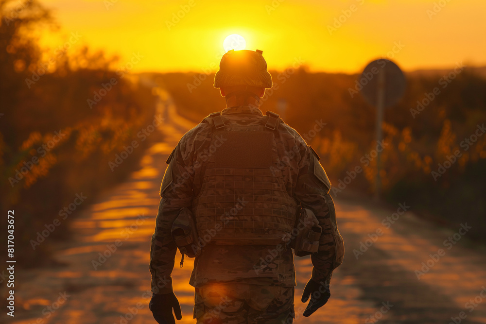 Back view of US soldier coming back home from the military, American serviceman. Back view of US soldier coming back home from the military, American serviceman.