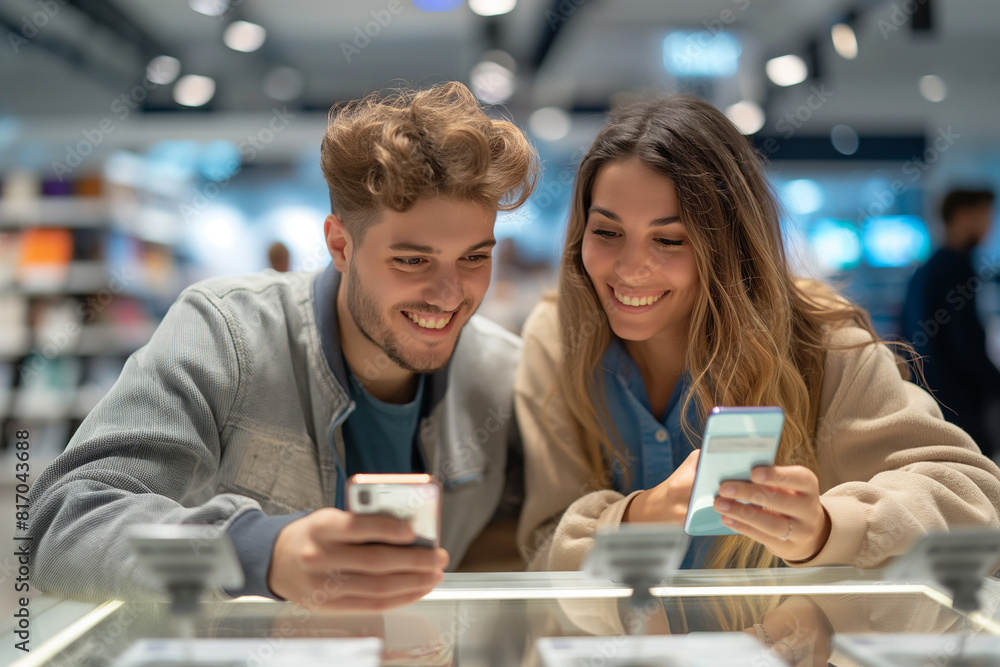 Fototapeta premium people friends using mobile phones while shopping at store.