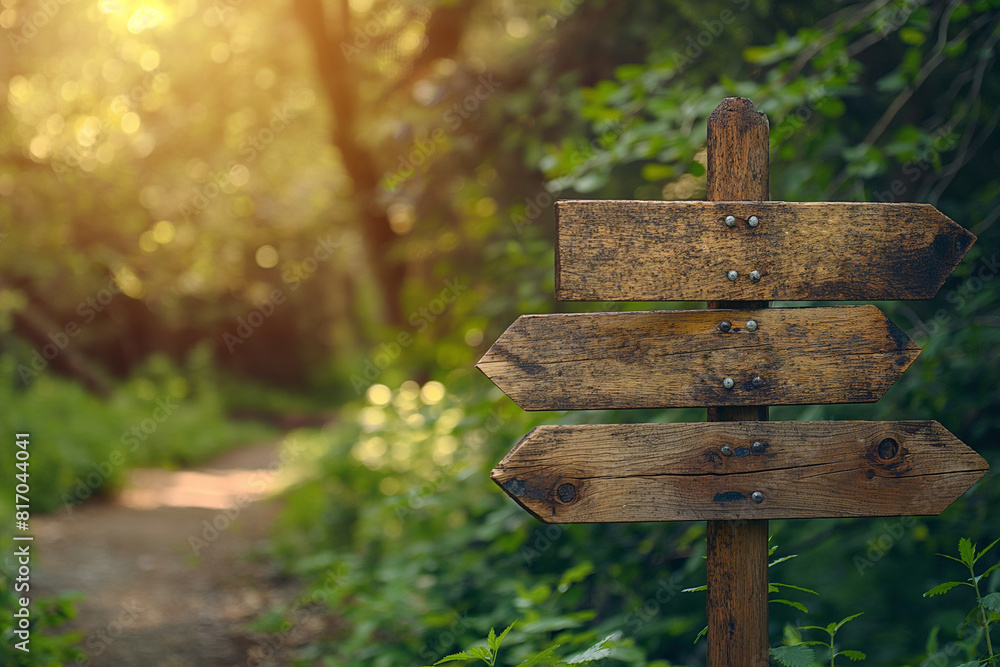 Naklejka premium Wooden crossroad signpost in jungle, walking trekking