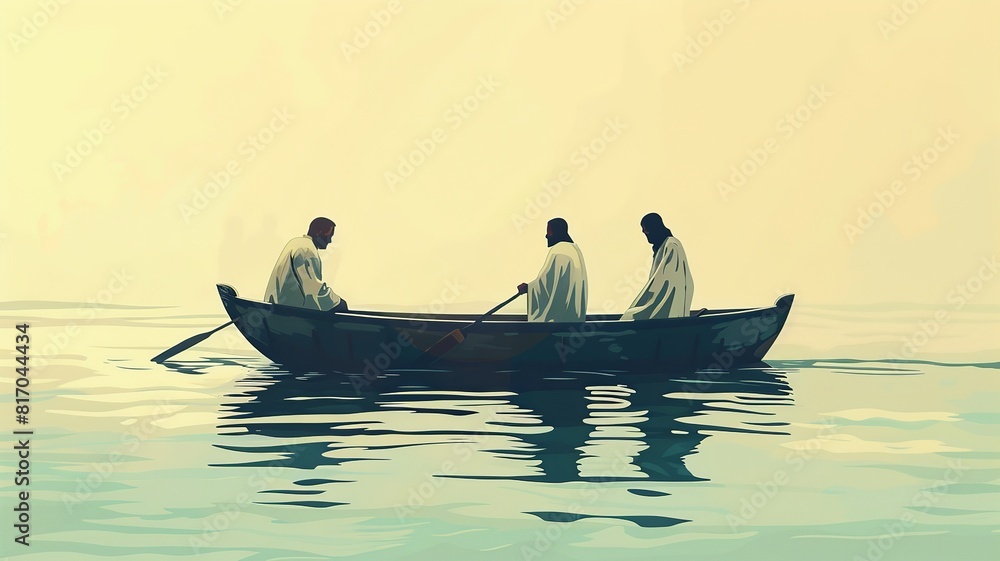 A minimalist illustration featuring Jesus, Peter, and James in a boat, showcasing three peaceful figures with minimalistic details, set in a serene scene that highlights A minimalist illustration featuring Jesus, Peter, and James in a boat, showcasing three peaceful figures with minimalistic details, set in a serene scene that highlights