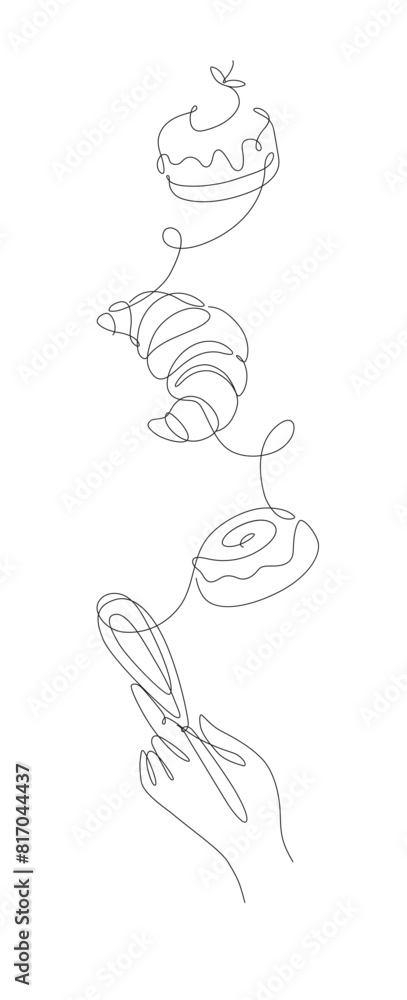 Bakery desserts croissant, cake, bun and whisk drawing in linear style vertical silhouette on white background