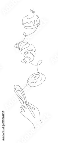 Obraz na płótnie Bakery desserts croissant, cake, bun and whisk drawing in linear style vertical silhouette on white background w salonie