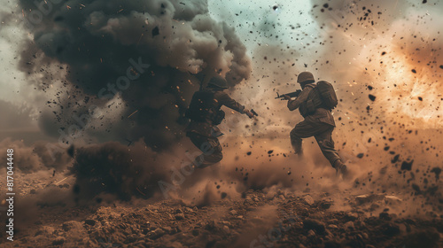 Realistic photo of two soldiers in the middle ground fighting, in a war background with explosions and smoke, smoke coming from behind them.