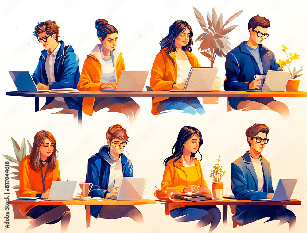 Flat illustrations of people working on computers. Light blue and ...