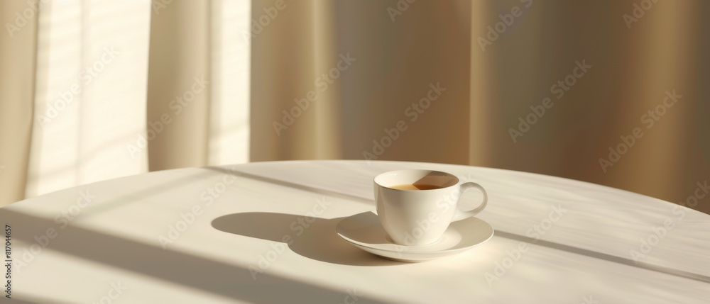 A minimalist white coffee cup sits on a table in front of a curtain A minimalist white coffee cup sits on a table in front of a curtain