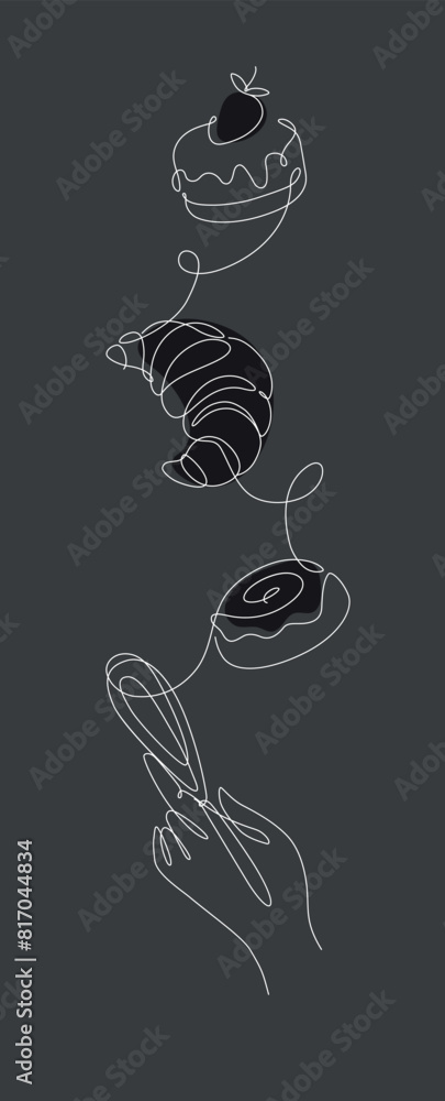 Bakery desserts croissant, cake, bun and whisk drawing in linear style vertical silhouette on black background