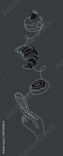 Obraz na płótnie Bakery desserts croissant, cake, bun and whisk drawing in linear style vertical silhouette on black background w salonie