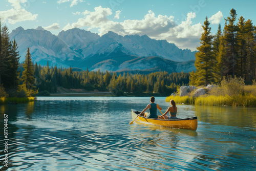 breathtaking commercial photo captures a couple joyfully paddling a boat across a tranquil lake in the USA, with stunning natural landscapes in the background. Serenity and beauty