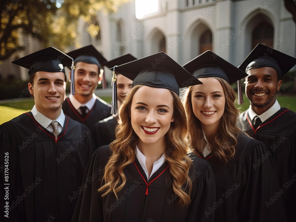 A group of diverse college graduates in cap and gown smile together after commencement. A group of diverse college graduates in cap and gown smile together after commencement.