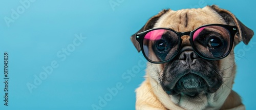 cute pug dog wearing black glasses reflective pink On a blue background  isolate