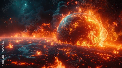 Earth with its landmasses turning into a boiling lava soup