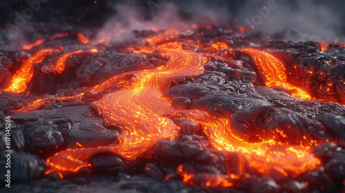 Lava flow. Molten rock from a volcano. Glowing hot. Molten orange. The power of nature.