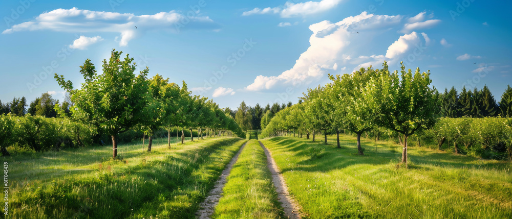 A row of trees with a dirt road in between them A row of trees with a dirt road in between them