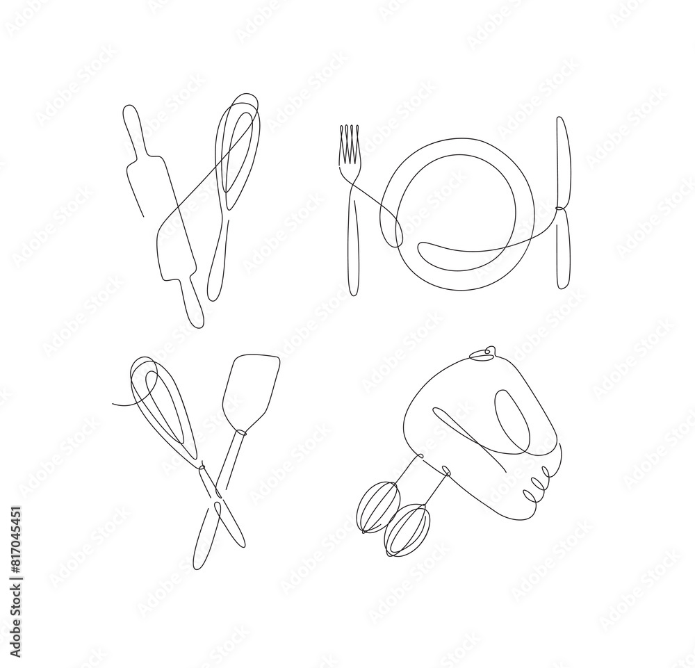 Kitchen appliances rolling pin, whisk, fork, knife, plate, spatula, mixer drawing in linear style on white background.