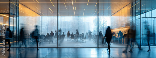 Blurred office with people working behind glass wall