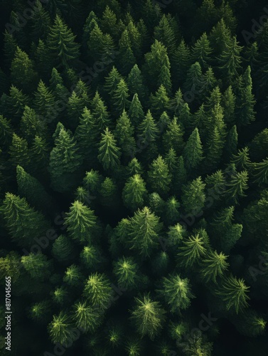 The image is an aerial view of a coniferous forest. The trees are densely packed and the canopy is unbroken. The forest is dark and gloomy.