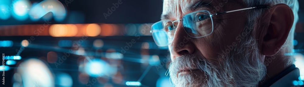 Minimalistic tech-infused close-up of a older man with gentle, random elements, blending life experiences softly, futuristic background, Copy space for text Minimalistic tech-infused close-up of a older man with gentle, random elements, blending life experiences softly, futuristic background, Copy space for text