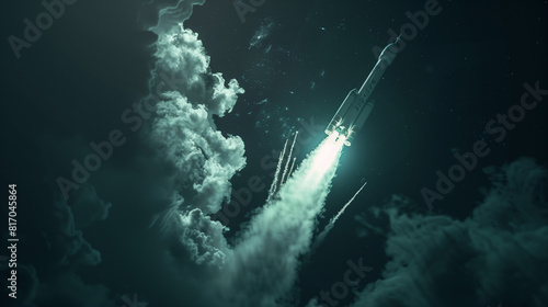 3D rendering of a rocket launching into space, with a dark background and light effects and blue-green tones.