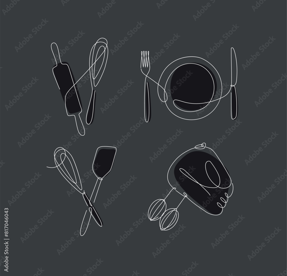 Kitchen appliances rolling pin, whisk, fork, knife, plate, spatula, mixer drawing in linear style on black background.