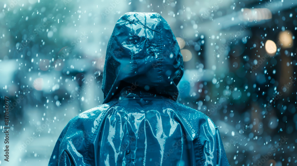A person wearing a blue raincoat is standing in the rain A person wearing a blue raincoat is standing in the rain
