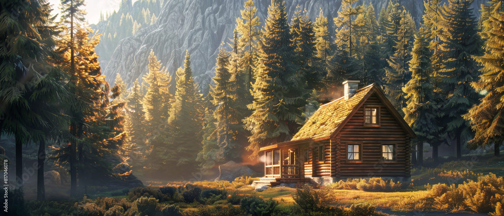 Fototapeta premium A cabin in the woods with a fireplace and a view of the mountains