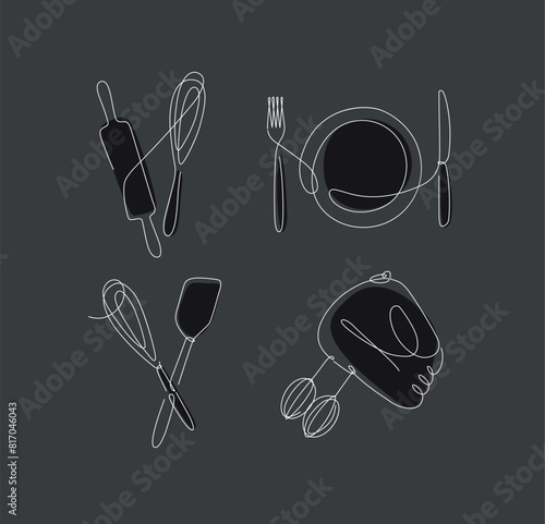 Obraz na płótnie Kitchen appliances rolling pin, whisk, fork, knife, plate, spatula, mixer drawing in linear style on black background. w salonie