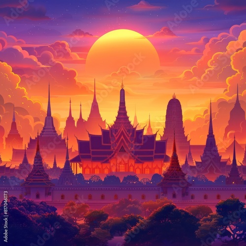Vibrant Sunset Over Ancient Thai Temple Silhouettes