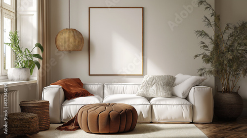 Mockup frame in Scandi living room interior  3d render