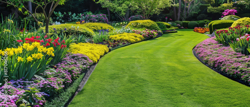 A beautiful garden with a green grassy path and colorful flowers